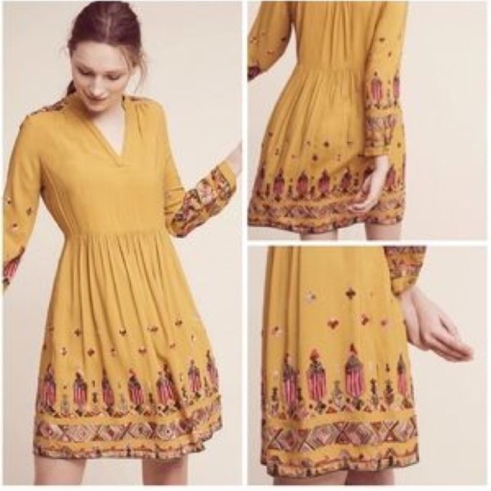 Anthropologie Floreat embroidered mustard dress